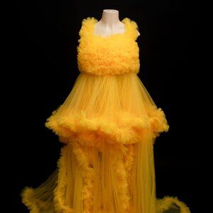 Yellow Maternity Photoshoot Puffy Ruffles Off Shoulder Tulle Robe